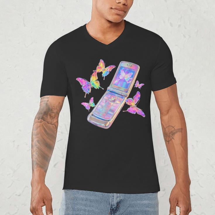 Frutiger Aero Y2K Chrome Phone Butterfly Men's V-Neck T-Shirt