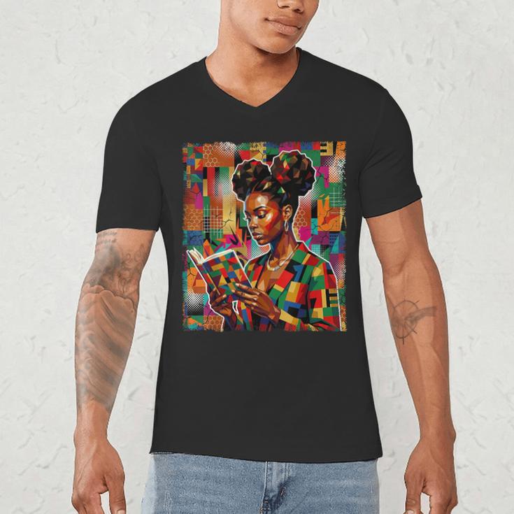 Geometric History Educated Women Reading Book Melanin Men's V-Neck T-Shirt