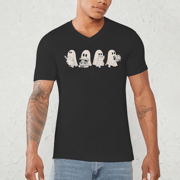 Ghost Book Reading Halloween Books Lover Teacher Kids Men's V-Neck T-Shirt Ghost Book Reading Halloween Books Lover Teacher Kids Men's V-Neck T-Shirt