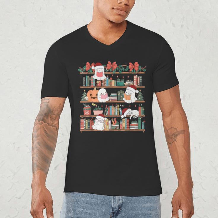 Ghost Christmas Reading Book Lover Library Christmas Teacher Men's V-Neck T-Shirt