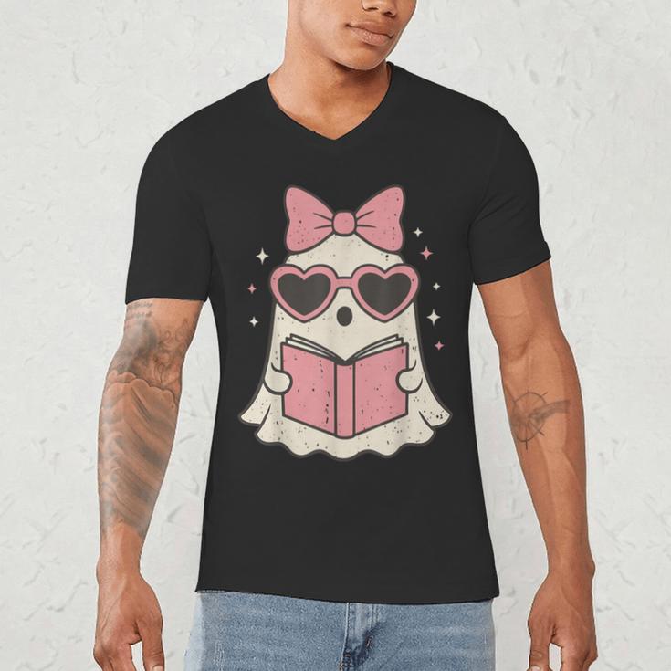 Ghost Reading Book Halloween Cat Lover Men's V-Neck T-Shirt