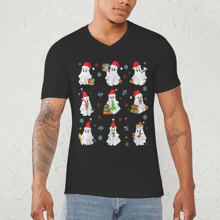 Ghosts Wearing Santa Hats Reading Books Christmas Book Lover Men's V-Neck T-Shirt