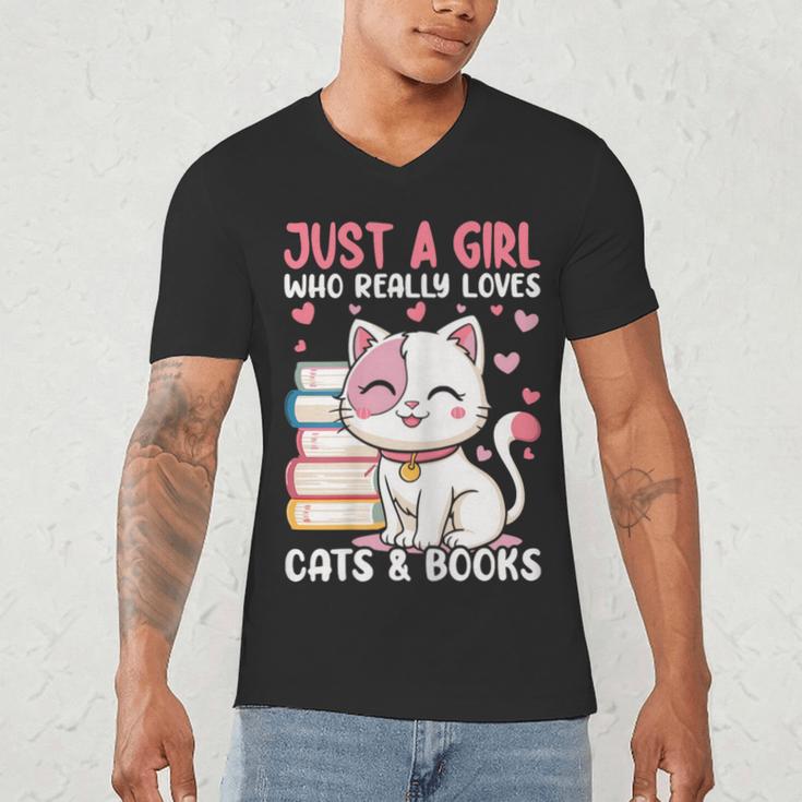Girl Who Loves Cats And Books Cute Men's V-Neck T-Shirt