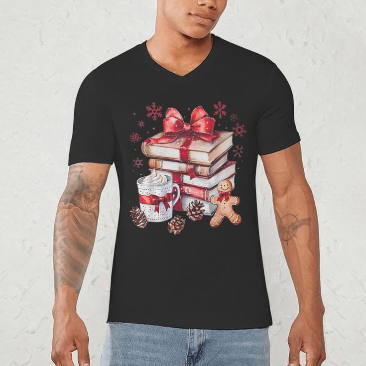 Girly Coquette Gingerbread Books And Hot Cocoa Cozy Season Men's V-Neck T-Shirt