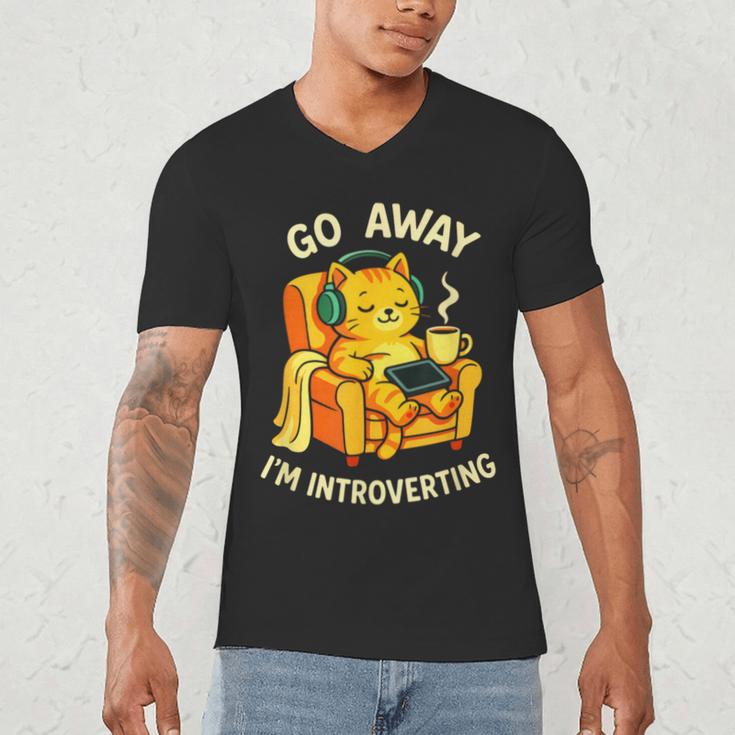 Go Away I'm Introverting Cat Coffee Headphones Men's V-Neck T-Shirt Go Away I'm Introverting Cat Coffee Headphones Men's V-Neck T-Shirt