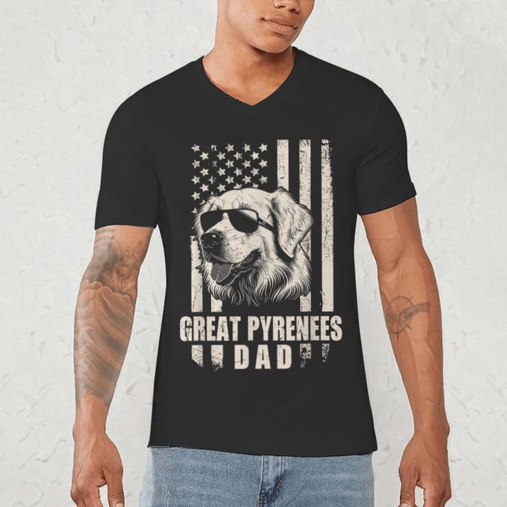 Great Pyrenees Dog Dad American Flag For Father Men Men's V-Neck T-Shirt Great Pyrenees Dog Dad American Flag For Father Men Men's V-Neck T-Shirt