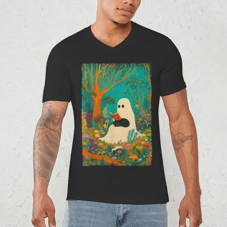 Groovy Ghost Reading Book Cat Halloween Ghost Teacher Men's V-Neck T-Shirt Groovy Ghost Reading Book Cat Halloween Ghost Teacher Men's V-Neck T-Shirt