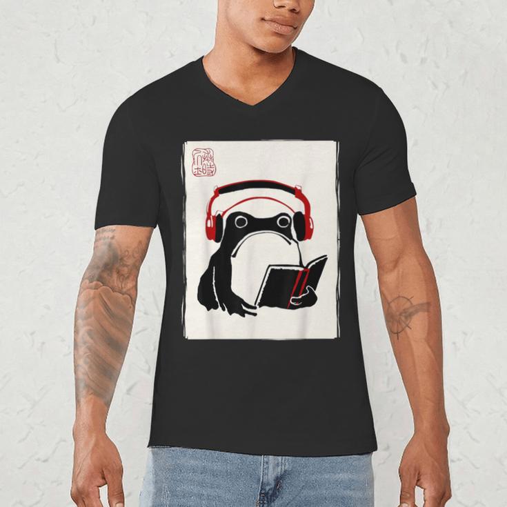 Grumpy Frog Books Music Kawaii Ink Japanese Men's V-Neck T-Shirt