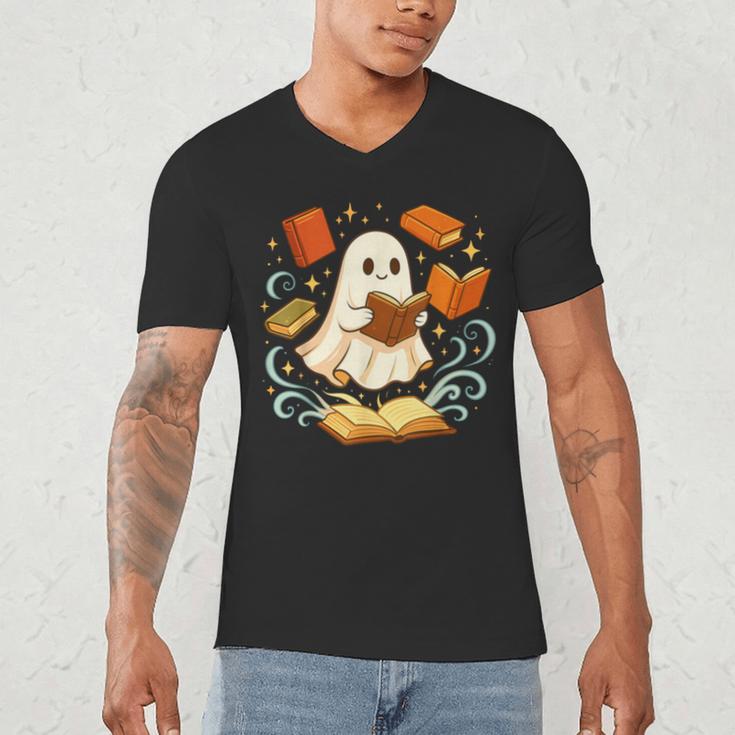 Halloween Cute Ghost Shirt Reading Books Ghost Men's V-Neck T-Shirt Halloween Cute Ghost Shirt Reading Books Ghost Men's V-Neck T-Shirt