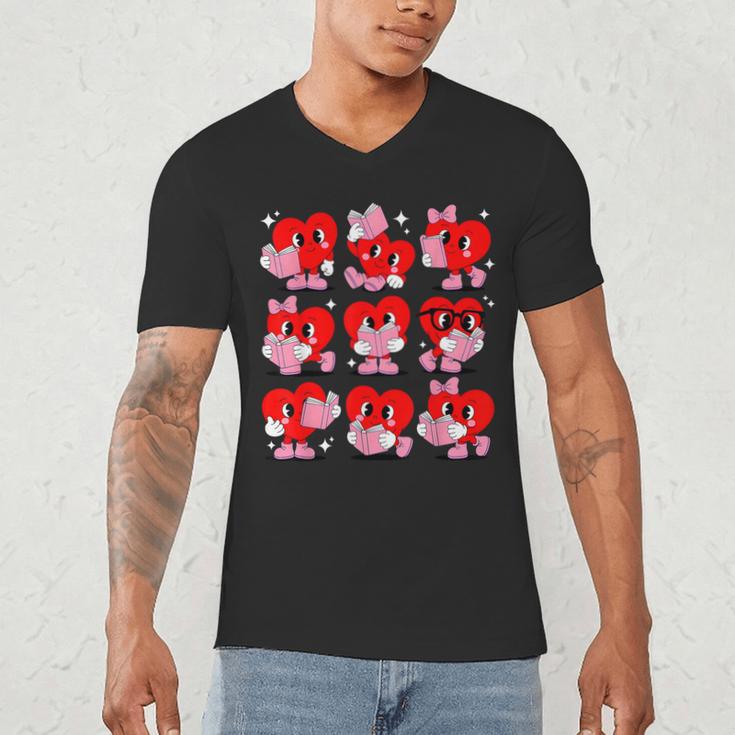 Heart Reading Books Valentine Teacher Boys Girls Book Lover Men's V-Neck T-Shirt
