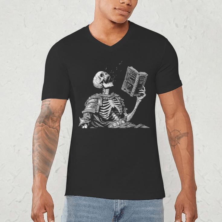 Hilarious Skeleton Holding a Book And Laughing Gothic Men's V-Neck T-Shirt