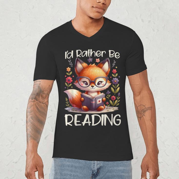 I'd Rather Be Reading Cute Fox Book Lover Reader Bookworm Men's V-Neck T-Shirt
