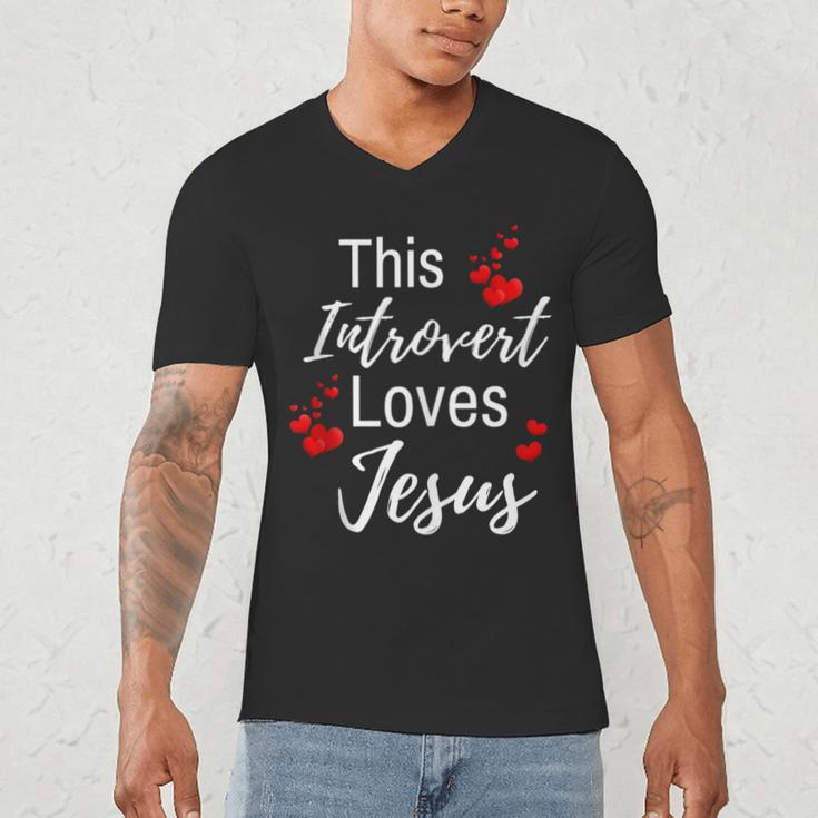 This Introvert Loves Jesus Religious Red Hearts Graphic Men's V-Neck T-Shirt This Introvert Loves Jesus Religious Red Hearts Graphic Men's V-Neck T-Shirt