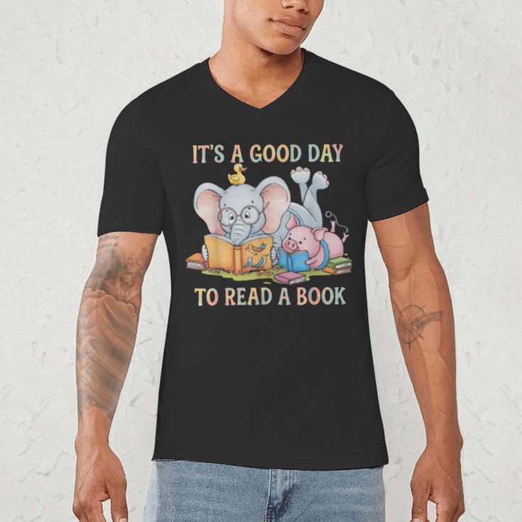 Its A Good Day To Read A Book Cute Pig & Elephant Adventure Men's V-Neck T-Shirt