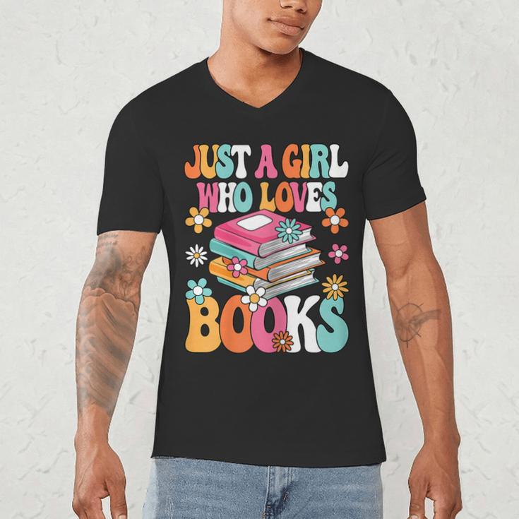 Just A Girl Who Loves Books Reading Cute Bookworm Girls Kids Men's V-Neck T-Shirt