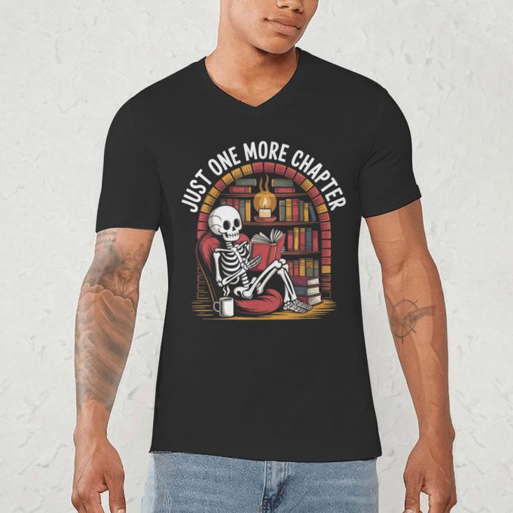 Just One More Chapter Skeleton Reading Cozy Books Men's V-Neck T-Shirt Just One More Chapter Skeleton Reading Cozy Books Men's V-Neck T-Shirt