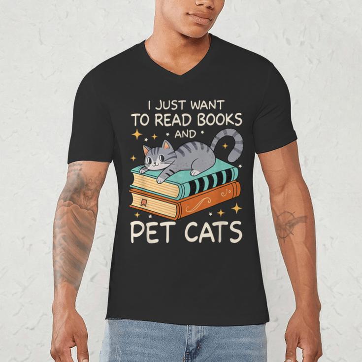 I Just Want To Read Books And Pet Cats Bookish Bookworm Men's V-Neck T-Shirt