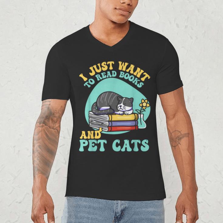 I Just Want To Read Books And Pet Cats Cat Book Lovers Men's V-Neck T-Shirt