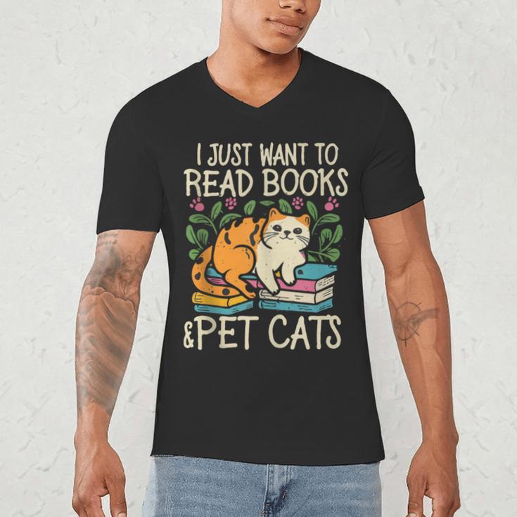 I Just Want To Read Books And Pet Cats Introvert Men's V-Neck T-Shirt