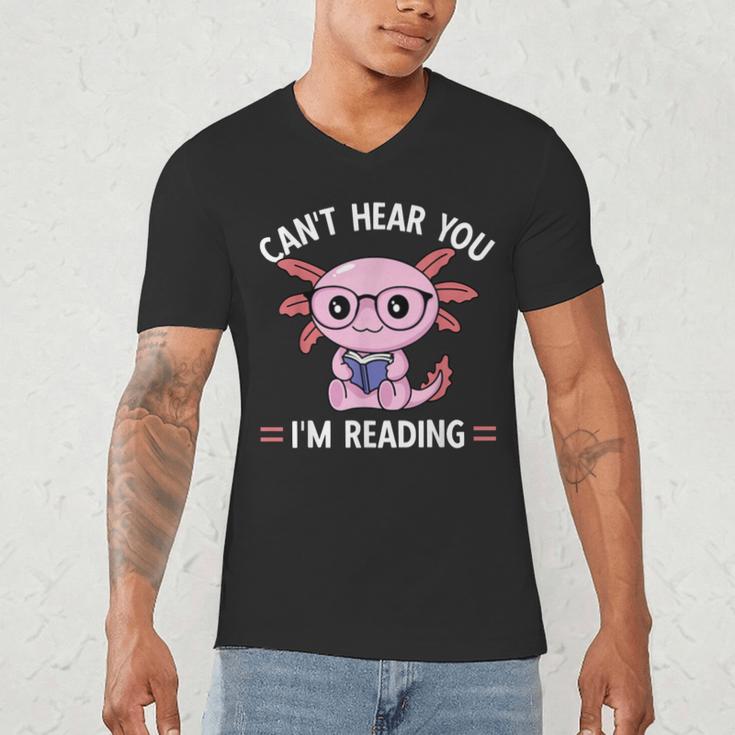 Kawaii Axolotl Can't Hear You I'm Reading Book Lover Men's V-Neck T-Shirt