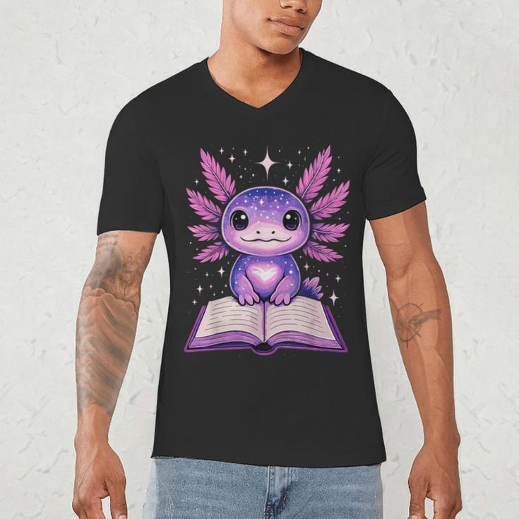 Kawaii Axolotl Cute Axolotls Reading Book Men's V-Neck T-Shirt