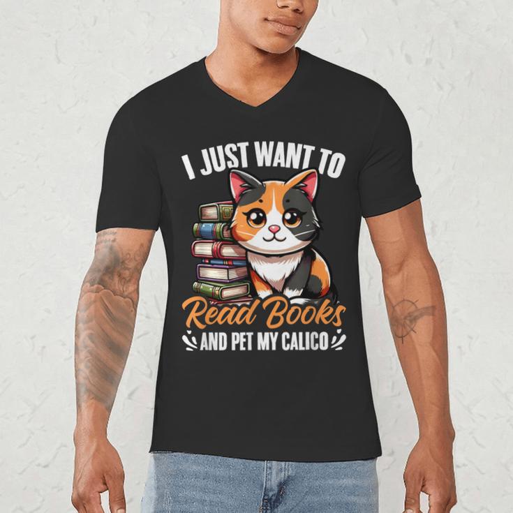 Kawaii Feline Book Reading Read Books Pet My Calico Cat Men Women Men's V-Neck T-Shirt Kawaii Feline Book Reading Read Books Pet My Calico Cat Men Women Men's V-Neck T-Shirt