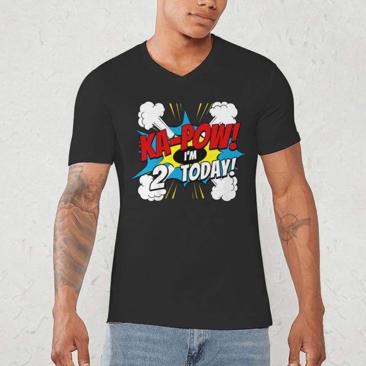 Kids Ka-Pow 2 Years Old Kids 2nd Birthday Comic Book Super Hero Men's V-Neck T-Shirt Kids Ka-Pow 2 Years Old Kids 2nd Birthday Comic Book Super Hero Men's V-Neck T-Shirt
