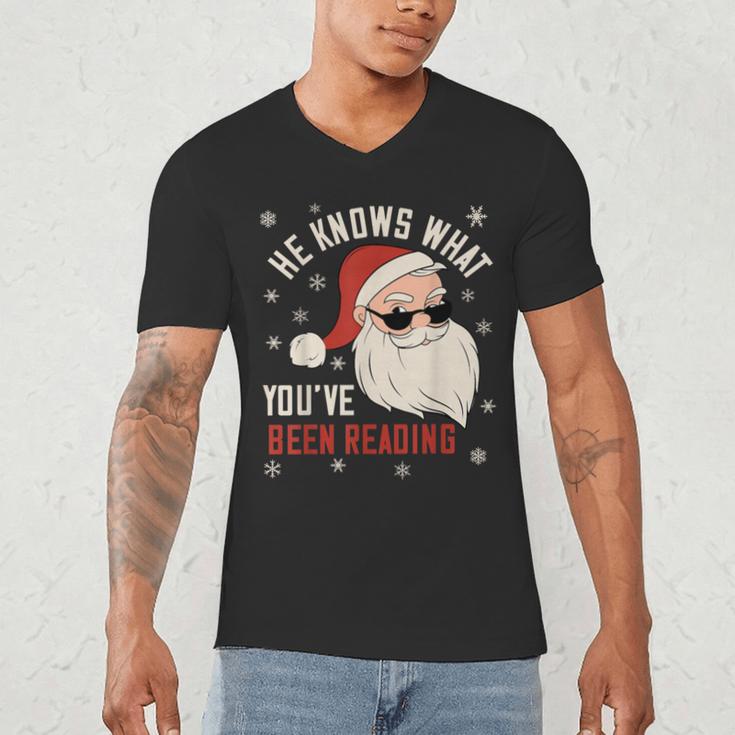 He Knows What You'Ve Been Reading Book Lover Women Santa Men's V-Neck T-Shirt He Knows What You'Ve Been Reading Book Lover Women Santa Men's V-Neck T-Shirt