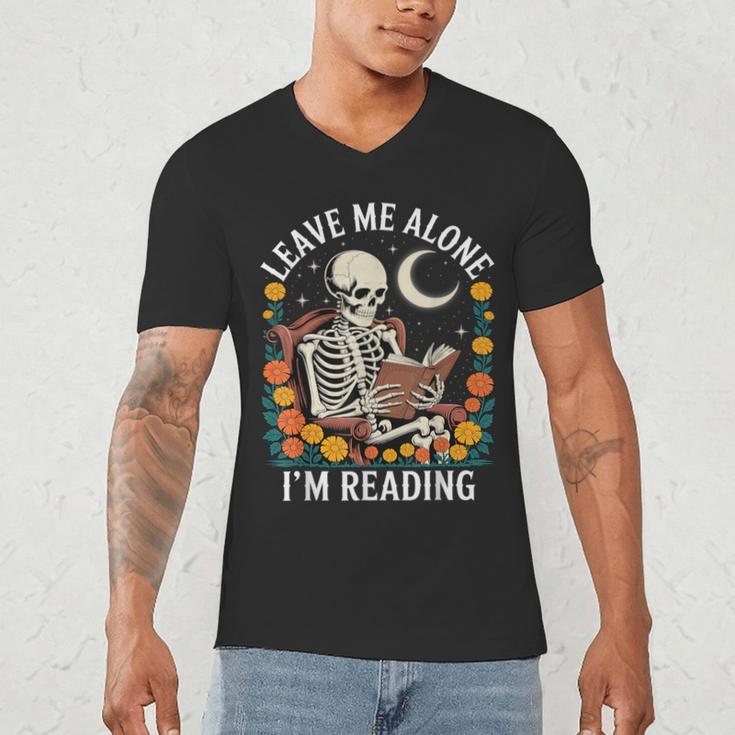 Leave Me Alone Skeleton Reading Book Floral Moon Librarian Men's V-Neck T-Shirt Leave Me Alone Skeleton Reading Book Floral Moon Librarian Men's V-Neck T-Shirt