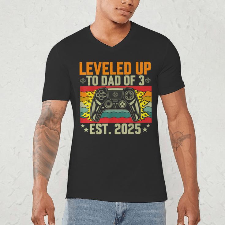 Leveled Up To Dad Of 3 Three Daddy Again 2025 Father's Day Men's V-Neck T-Shirt