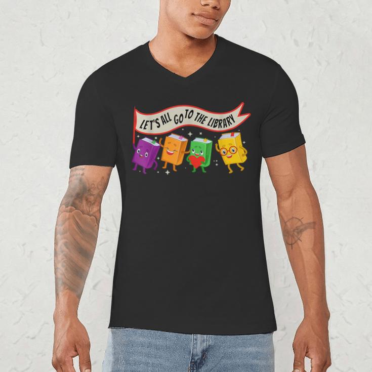 Librarian Let's All Go To The Library Cute Groovy Book Lover Men's V-Neck T-Shirt
