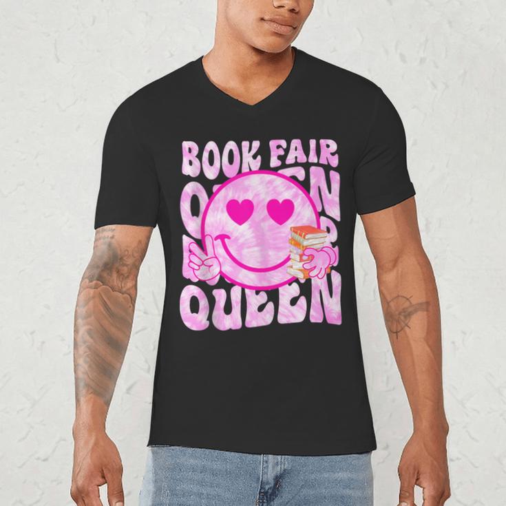 Library Book Fair Queen Vibe Groovy Tie Dye School Reading Men's V-Neck T-Shirt