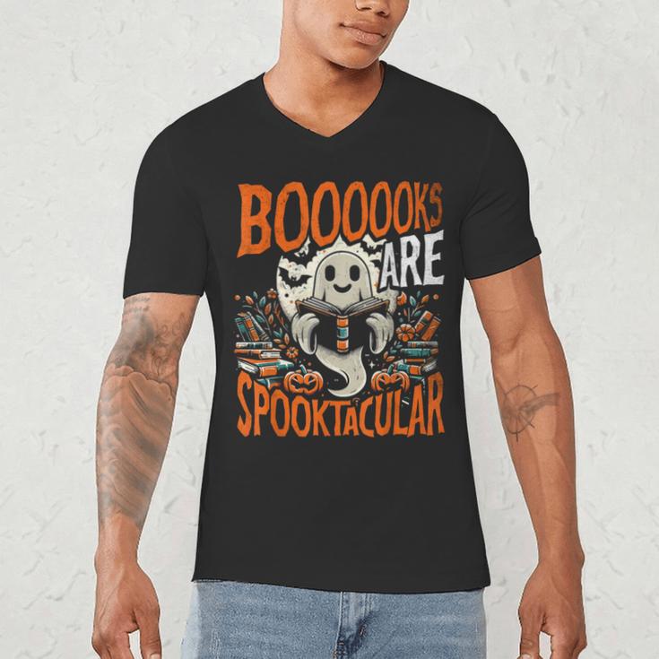 Library Halloween Book Lover Ghost With Books Men's V-Neck T-Shirt