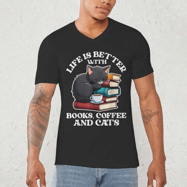Life Is Better With Books Cats & Coffee Librarian Book Lover Men's V-Neck T-Shirt