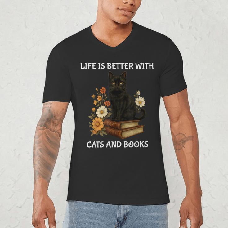 Life Is Better With Cats And Books Cute Cat Lover For Men Women Kids Men's V-Neck T-Shirt