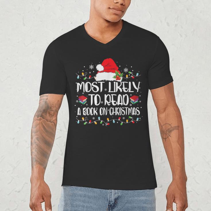 Most Likely To Read A Book On Christmas Family Matching Men's V-Neck T-Shirt