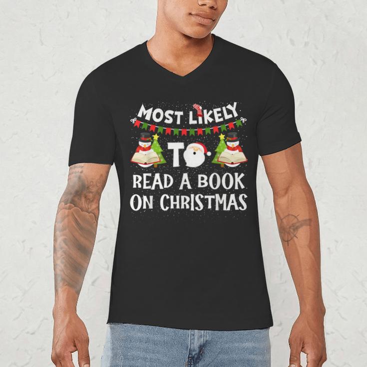 Most Likely To Read A Book On Christmas Snowman Family Men's V-Neck T-Shirt Most Likely To Read A Book On Christmas Snowman Family Men's V-Neck T-Shirt