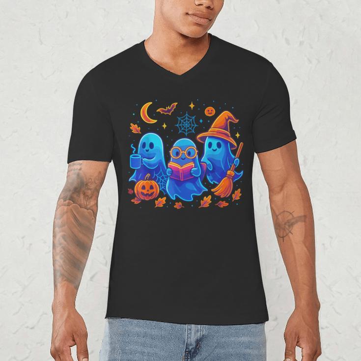 Little Ghost Coffee Tee Spooky Season Ghost Reading Book Men's V-Neck T-Shirt Little Ghost Coffee Tee Spooky Season Ghost Reading Book Men's V-Neck T-Shirt