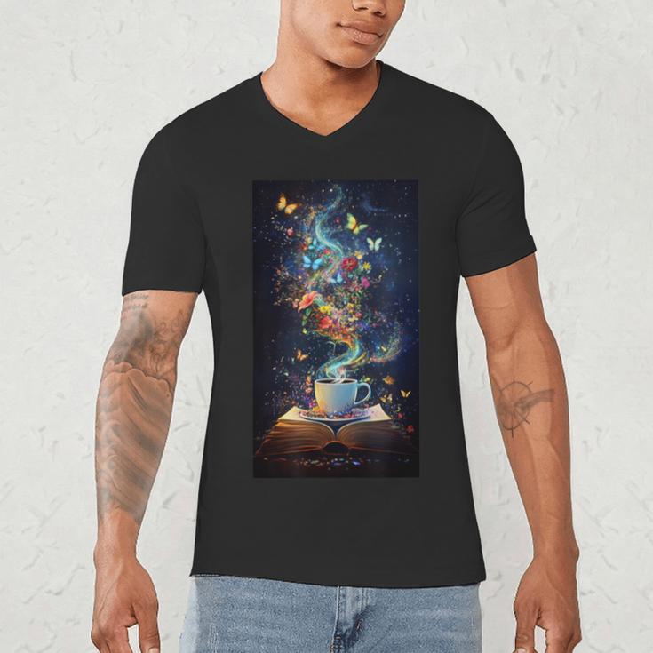 Magical Book Floral Coffee Books Nature Fantasy Men's V-Neck T-Shirt