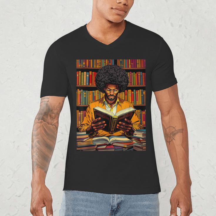 Man Reading Book Black History Month Book Lover Afro Men's V-Neck T-Shirt