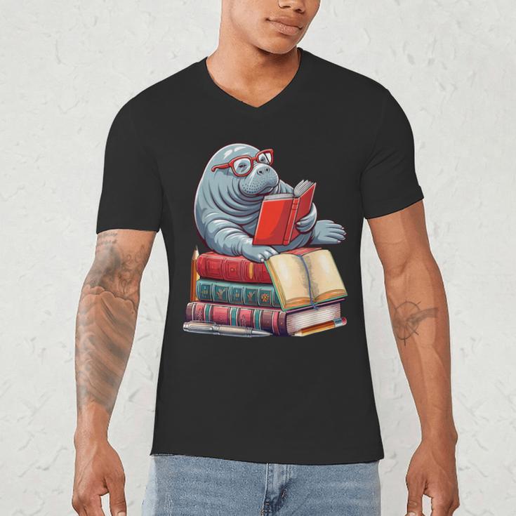 Manatee Reading Books Matching Bookworm Readers Librarian Men's V-Neck T-Shirt Manatee Reading Books Matching Bookworm Readers Librarian Men's V-Neck T-Shirt