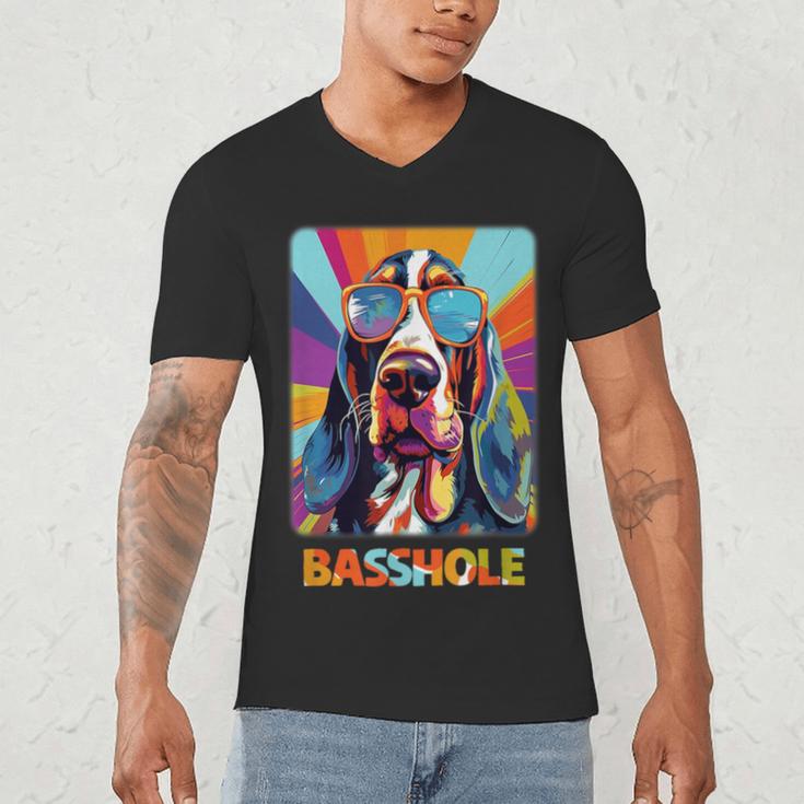 Mom & Dad Of a Basshole Basset Hound With Glasses -Adults Short Sleeve Men's V-Neck T-Shirt