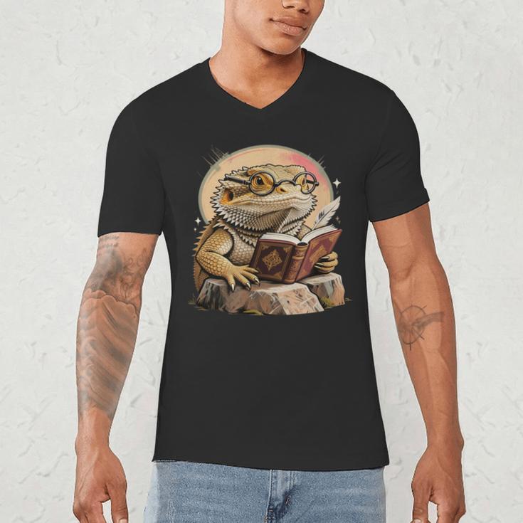 Nerdy Bearded Dragon Glasses Book Reading Men's V-Neck T-Shirt Nerdy Bearded Dragon Glasses Book Reading Men's V-Neck T-Shirt