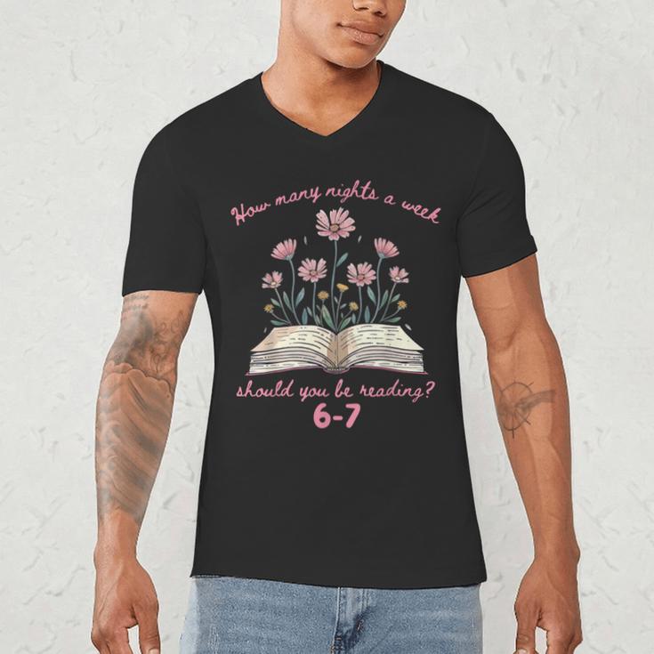 How Many Nights Reading 67 Meme Floral Book Lover Teacher Men's V-Neck T-Shirt How Many Nights Reading 67 Meme Floral Book Lover Teacher Men's V-Neck T-Shirt