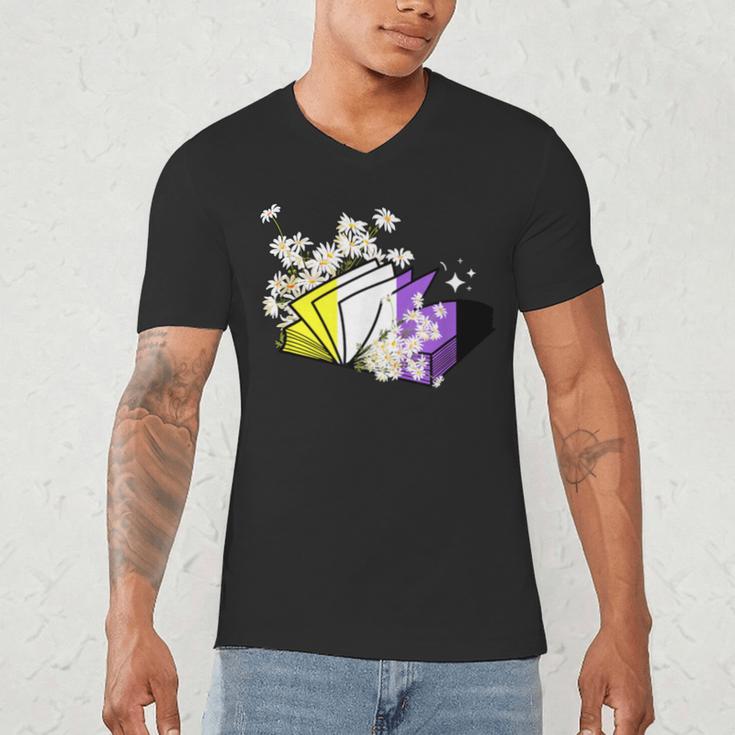 Non-Binary Book Lover Nonbinary Daisy LGBT Reading Pride Men's V-Neck T-Shirt