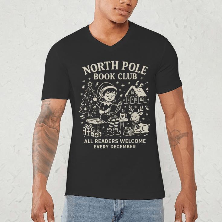 North Pole Book Club Christmas Elf Bookish Retro Graphic Men's V-Neck T-Shirt