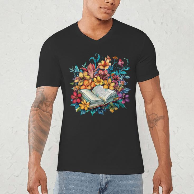 Open Book With Colorful Floral Reading Magic Men's V-Neck T-Shirt Open Book With Colorful Floral Reading Magic Men's V-Neck T-Shirt