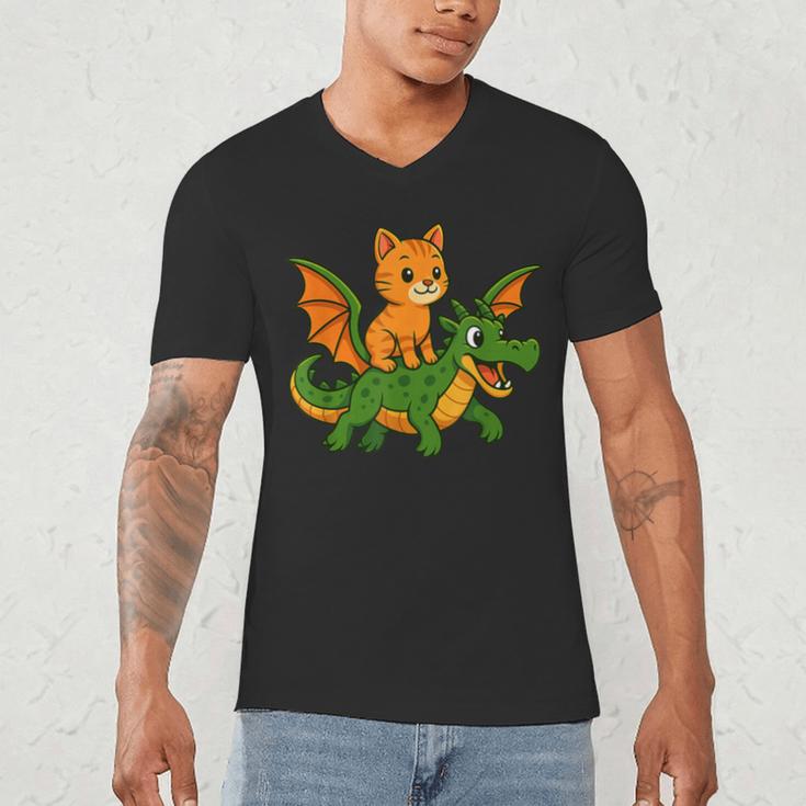 Orange Cat Dragon Riding Animal Lover Mom Dad Kids Men's V-Neck T-Shirt