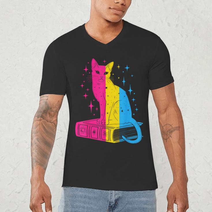 Pansexual Pride Celestial Cat Sitting Book LGBTQ Pan Colors Men Women Men's V-Neck T-Shirt