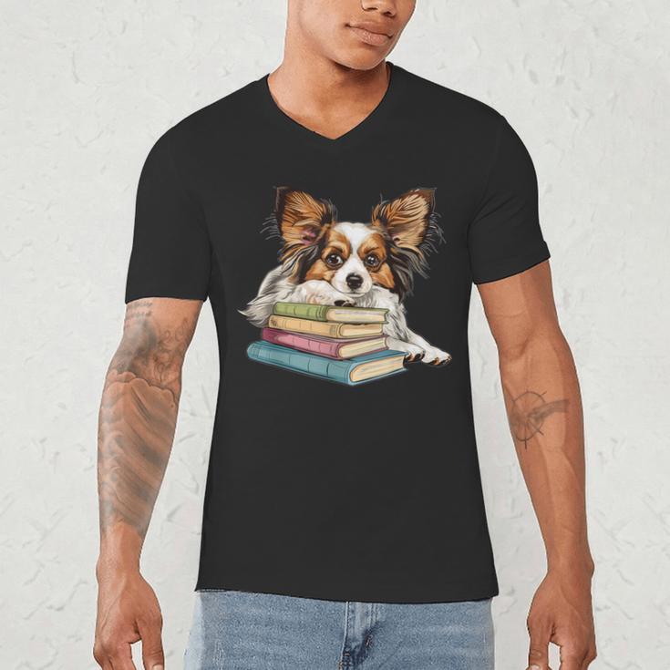 Papillon Books Reading Dog Breed Graphic For Men Women Kids Men's V-Neck T-Shirt